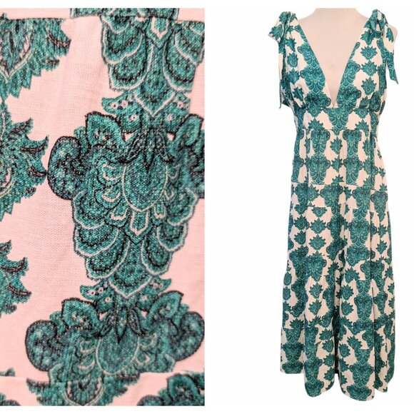 House Of Harlow Womens Size L Green Printed V-Neck Tie Straps Ruffles Maxi Dress - Picture 1 of 10